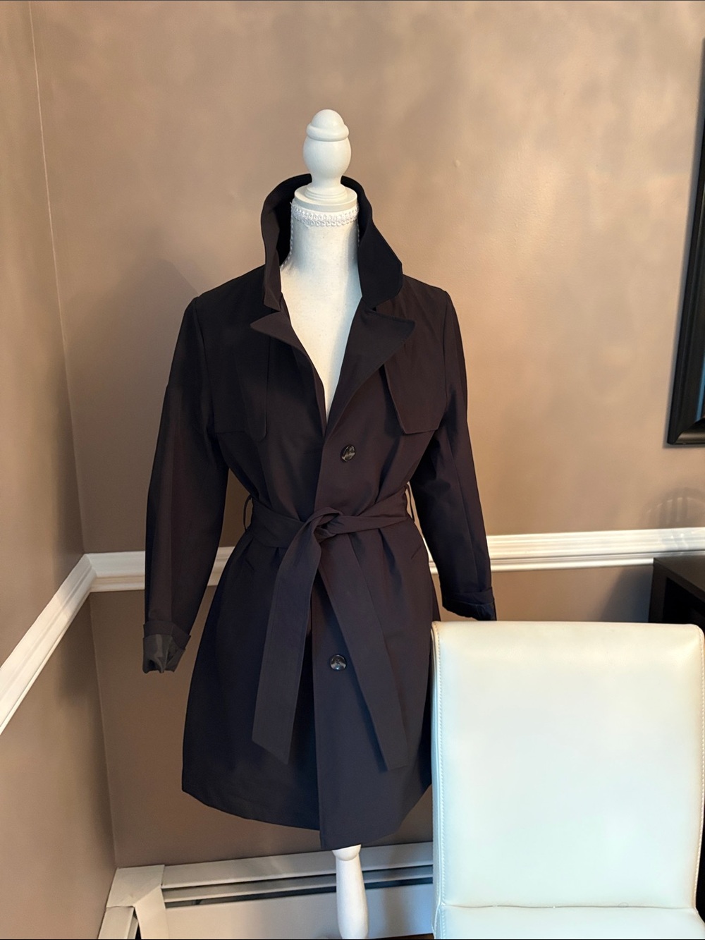 Time and Tru Black Trench Coat with Tie Belt